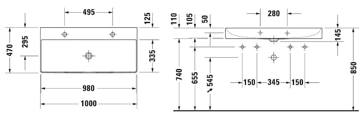 Duravit DuraSquare - Doppelwaschbecken 1000x470 Mm, Mit 2 Hahnlöcher, DuraCeram, Mit WonderGliss, Alpinweiß 23531000431 2 Duravit DuraSquare - Doppelwaschbecken 1000x470 Mm, Mit 2 Hahnlöcher, DuraCeram, Mit WonderGliss, Alpinweiß 23531000431 – Bild 2
