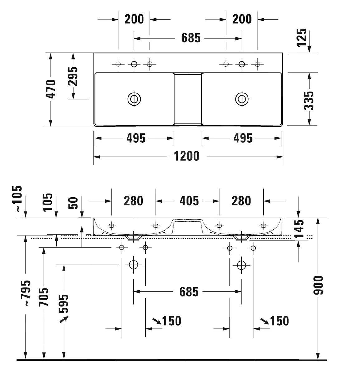 Duravit DuraSquare - Möbel-Doppelwaschtisch 1200x470 Mm, Mit 2 Hahnlöcher, DuraCeram, Alpinweiß 2353120071 2 Duravit DuraSquare - Möbel-Doppelwaschtisch 1200x470 Mm, Mit 2 Hahnlöcher, DuraCeram, Alpinweiß 2353120071 – Bild 2