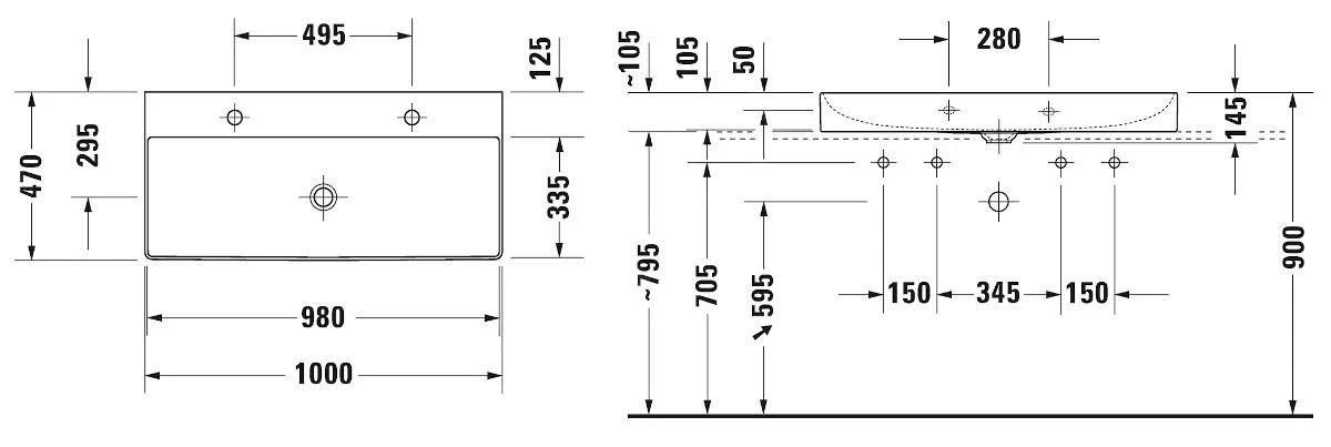 Duravit DuraSquare - Möbel-Doppelwaschtisch 1000x470 Mm, Mit 2 Hahnlöcher, DuraCeram, Alpinweiß 2353100072 2 Duravit DuraSquare - Möbel-Doppelwaschtisch 1000x470 Mm, Mit 2 Hahnlöcher, DuraCeram, Alpinweiß 2353100072 – Bild 2