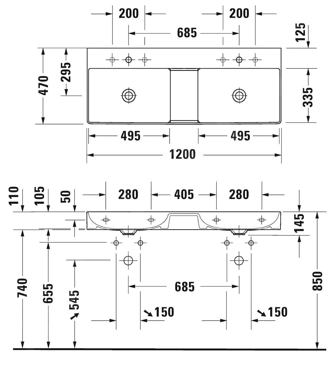 Duravit DuraSquare - Doppelwaschbecken 1200x470 Mm, DuraCeram, Alpinweiß 2353120070 2 Duravit DuraSquare - Doppelwaschbecken 1200x470 Mm, DuraCeram, Alpinweiß 2353120070 – Bild 2